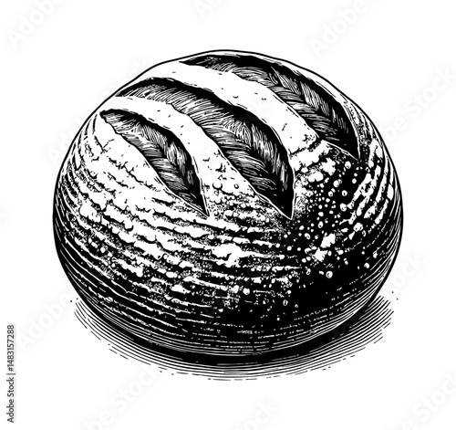 Round Bread Loaf with Cut Surface Engraved Black and White Style Food Illustration