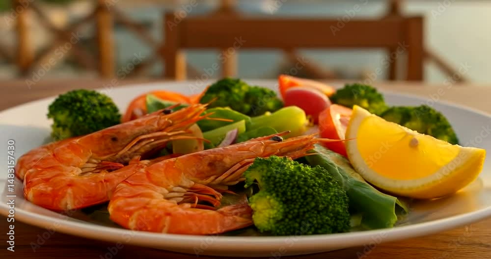 Shrimp Salad with Lemon Wedge and Broccoli Closeup Shrimp Salad with Lemon Wedge and Broccoli Closeup