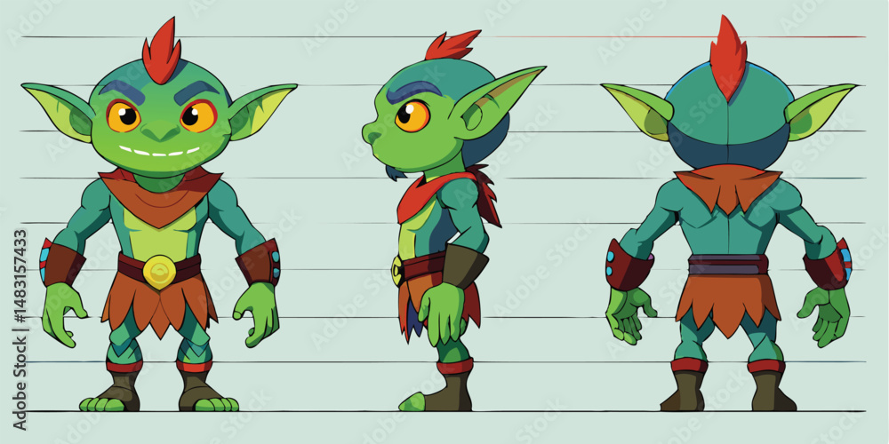 Naklejka premium Cartoon goblin character illustration in three views for fantasy and game design