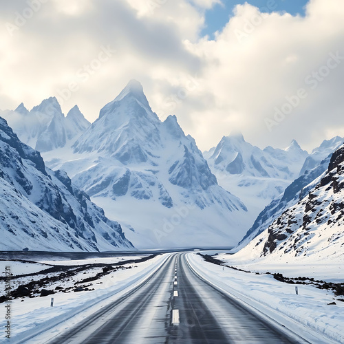Wallpaper Mural Remote Mountain Pass in Deep Winter with Sharp Peaks and Blizzard  Torontodigital.ca