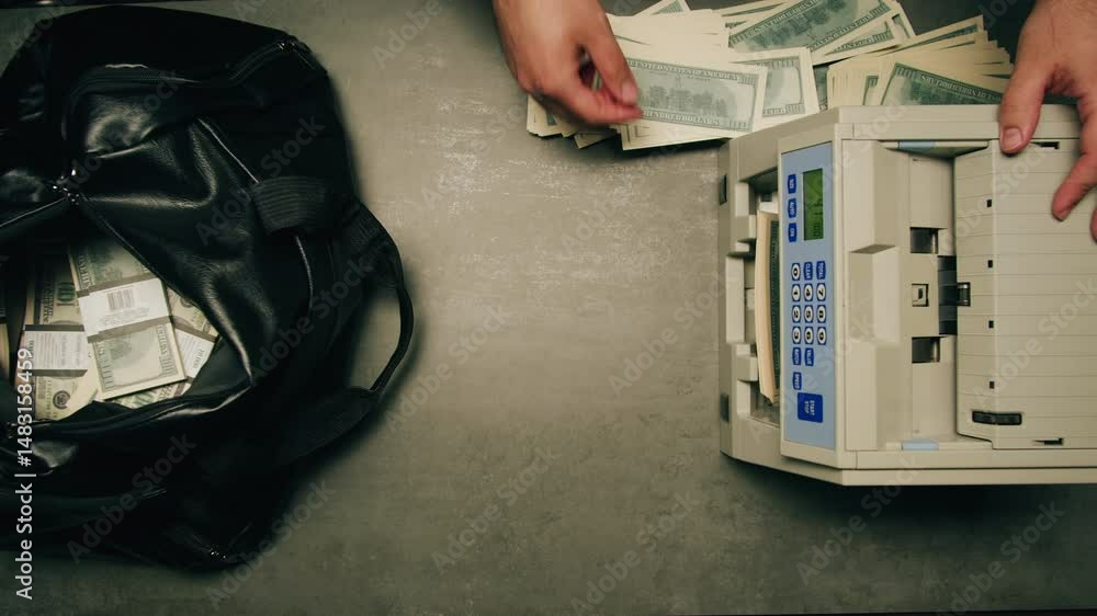 Banknotes and bag counter, Specialised police officer Counting dollar euro banknotes in crime lab with machine, cashed out criminal money, bitcoin changing, buying home flat in bank. 