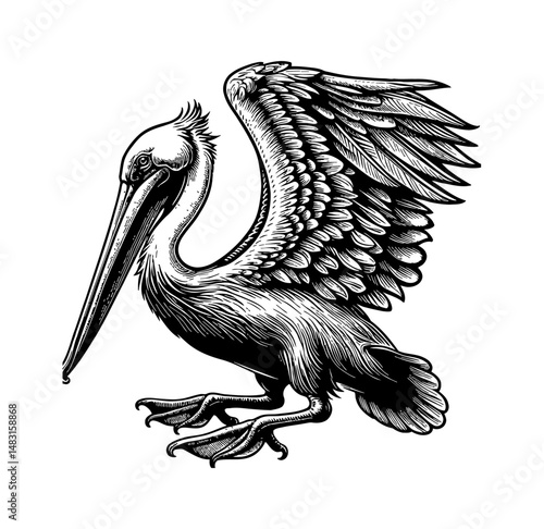 Detailed Engraving of Pelican with Open Wing on White Background, Side View