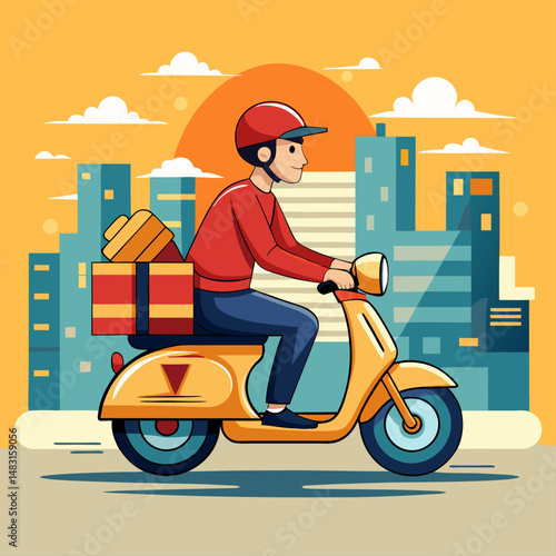 vector cartoon delivery rider on scooter carrying bag