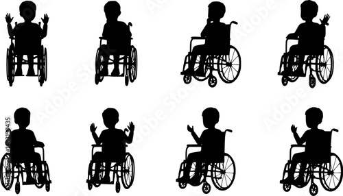 Set of vector silhouette of a child sitting in a wheelchair on a white background.
