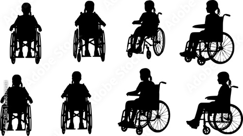 Set of vector silhouette of a child sitting in a wheelchair on a white background.
