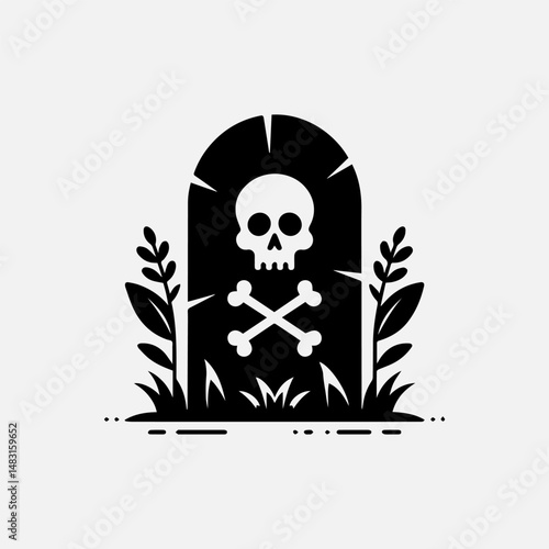 Clean gravestone vector illustration with prominent skull and crossbones symbol accented by subtle floral embellishments