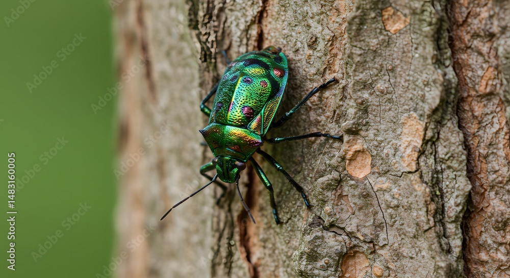Fototapeta premium Bug Climbing on Tree Bark with Iridescent Green Coloring
