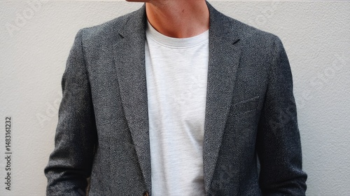 Man wearing gray blazer and white t shirt