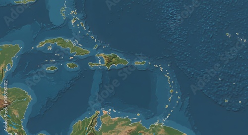 Caribbean Islands Map Illustration Showing Land and Ocean Depths