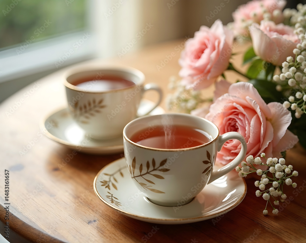 Fototapeta premium Romantic tea setting with rose flowers on wooden table 