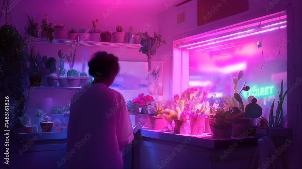 Person admires vibrant plants in a neon-lit shop during the evening hours