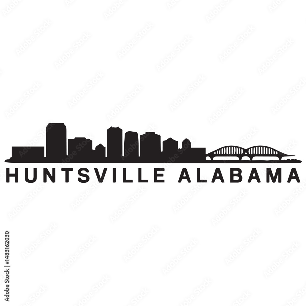 Naklejka premium Huntsville skyline horizontal banner. Black silhouette of Huntsville, Alabama. Vector template for your design. Vector black silhouette. with white background