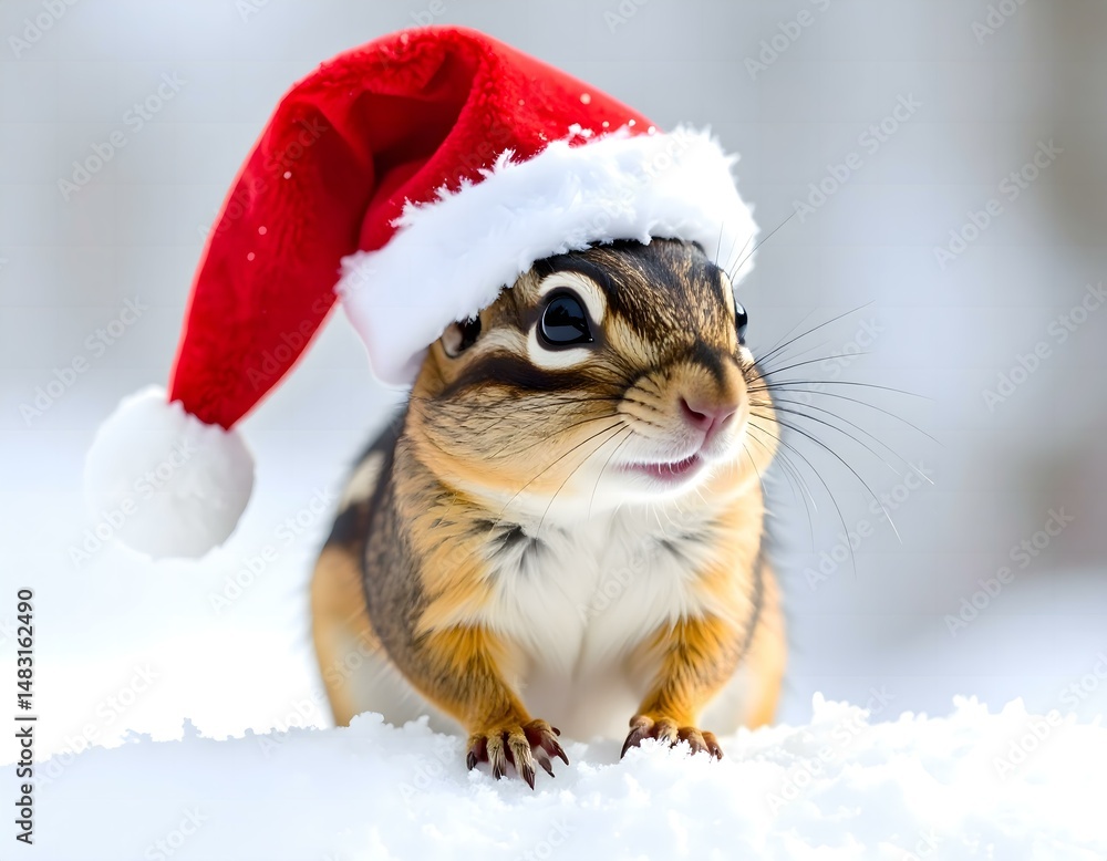 Cute Chipmunk Wearing Christmas Hat in Snowy Background, Holiday Spirit, Chipmunk in a Santa Claus costume stands in the snow. Adorable animal wears a red sweater, white hat Cute Chipmunk Wearing Christmas Hat in Snowy Background, Holiday Spirit, Chipmunk in a Santa Claus costume stands in the snow. Adorable animal wears a red sweater, white hat