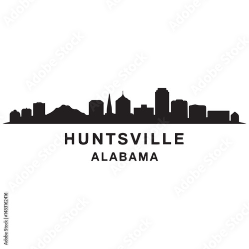Huntsville skyline horizontal banner. Black silhouette of Huntsville, Alabama. Vector template for your design. Vector black silhouette. with white background