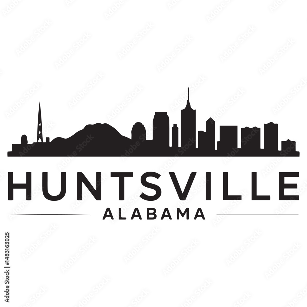 Fototapeta premium Huntsville skyline horizontal banner. Black silhouette of Huntsville, Alabama. Vector template for your design. Vector black silhouette. with white background