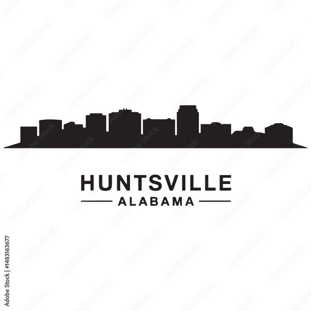 Naklejka premium Huntsville skyline horizontal banner. Black silhouette of Huntsville, Alabama. Vector template for your design. Vector black silhouette. with white background