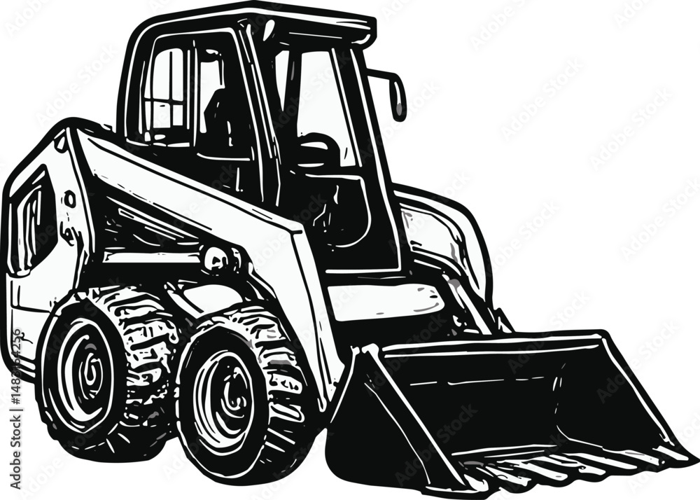 Naklejka premium Black-and-white line drawing of a front-facing tractor with large wheels and a prominent front blade, designed for heavy-duty construction and farming tasks, symbolizing strength and utility