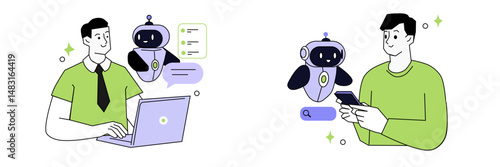 Artificial intelligence or AI technology set. Characters using artificial intelligence generative tools for business tasks, content creation, marketing, automation. Vector illustration