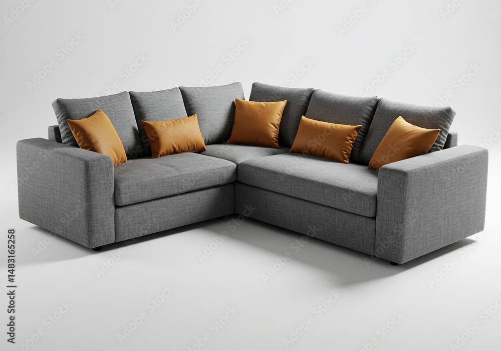 Obraz premium 都会的モダンコーナーソファ 快適な座り心地 上品な灰色と金色クッション