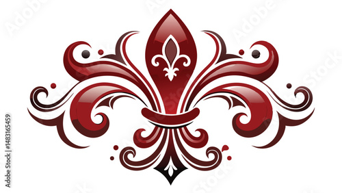Elegant fleur de lis design with glossy red and brown color accents on white background