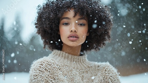 Woman in winter snowfall wearing a beige sweater.
