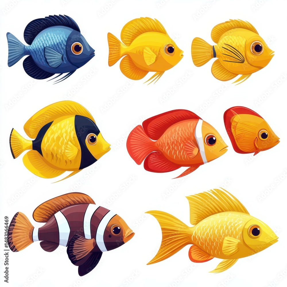 Fototapeta premium Colorful assortment of tropical fish swimming in various directions in a vibrant aquatic environment