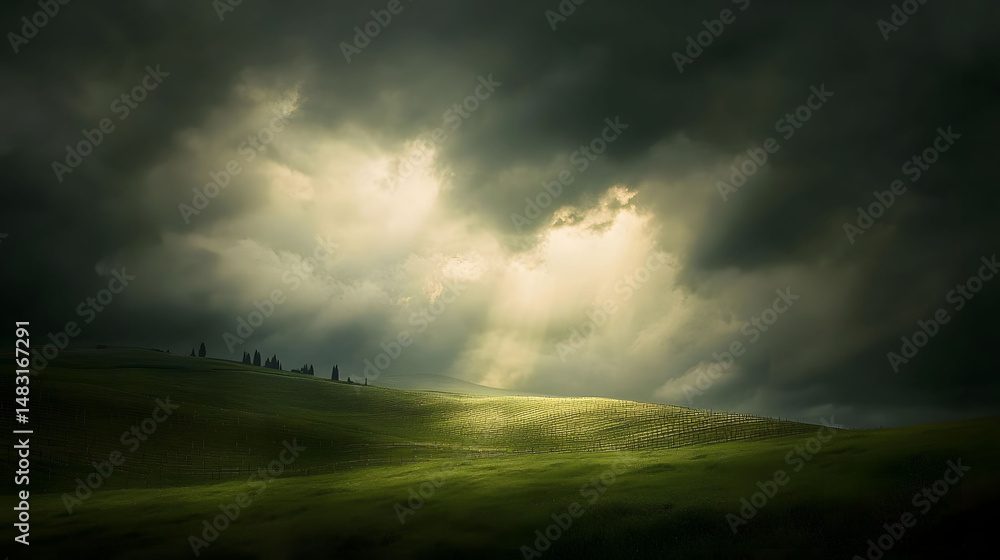 Dramatic Landscape with Dark Clouds and Bright Sunlight Rays Dramatic Landscape with Dark Clouds and Bright Sunlight Rays