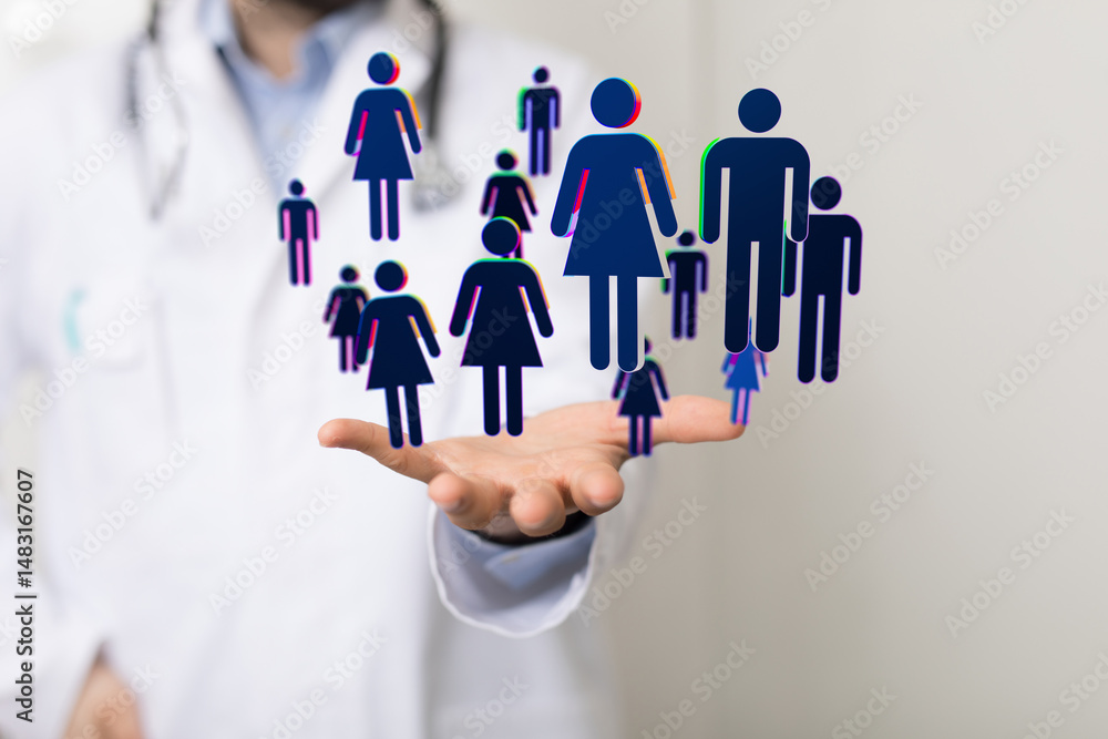 Image of a doctor's hand with digital icons representing a healthcare network or patient community. Image of a doctor's hand with digital icons representing a healthcare network or patient community.