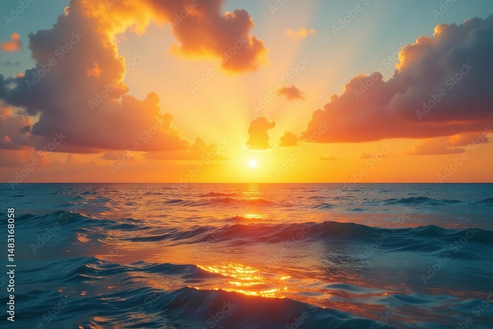 Fototapeta premium Golden sunset over a calm ocean, summer vacation vibes , clouds, vibrant, sea