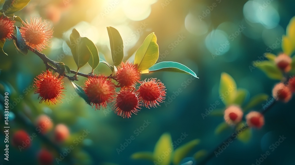 Vibrant Red Fruits on Branch with Green Leaves in Soft Light Vibrant Red Fruits on Branch with Green Leaves in Soft Light