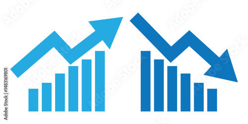 business graph with red arrow Graph going Up and Down sign with green and red arrows vector. Flat design vector illustration concept of sales bar chart symbol icon with arrow moving down and sales bar