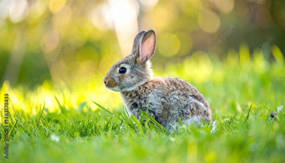 Fototapeta premium A small rabbit sits in green grass, illuminated by warm sunlight with a soft, blurred background.
