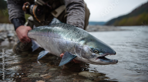 Fly Fisherman Holding a Large Silver Salmon by the River