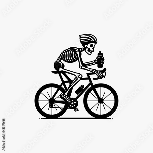 Active skeletal figure pedaling detailed bicycle with exposed mechanical parts cycling vector emblem