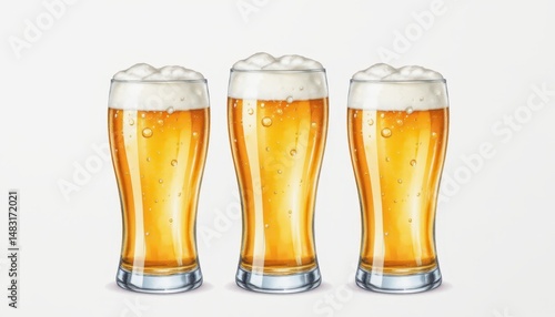 Wallpaper Mural three glasses of light beer with frothy head and bubbles. watercolor illustration of pale lager and pilsner in different pint glasses isolated on white background. alcoholic beverage variety Torontodigital.ca
