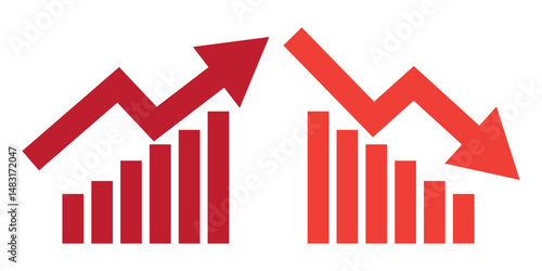 business graph with red arrow Graph going Up and Down sign with green and red arrows vector. Flat design vector illustration concept of sales bar chart symbol icon with arrow moving down and sales bar