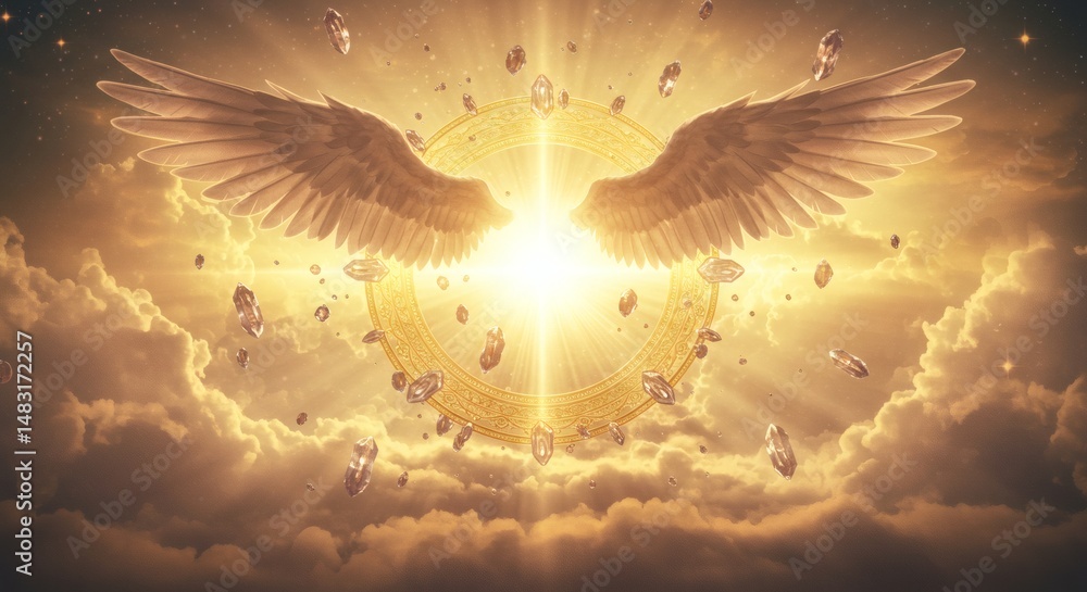 Fototapeta premium Glowing Angel Wings Emerging Through Clouds with Celestial Ring Design