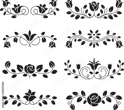 Black silhouette of floral frame or dividers with rose patterns, representing elegance and design in minimalist vector