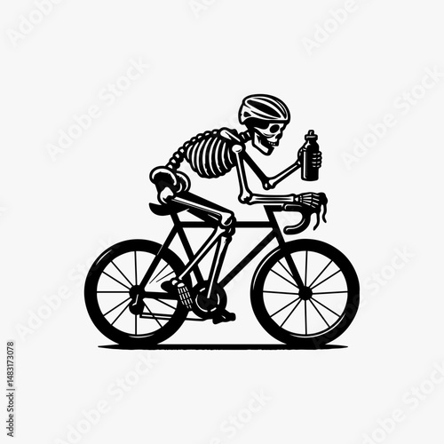 Active skeletal figure pedaling detailed bicycle with exposed mechanical parts cycling vector emblem