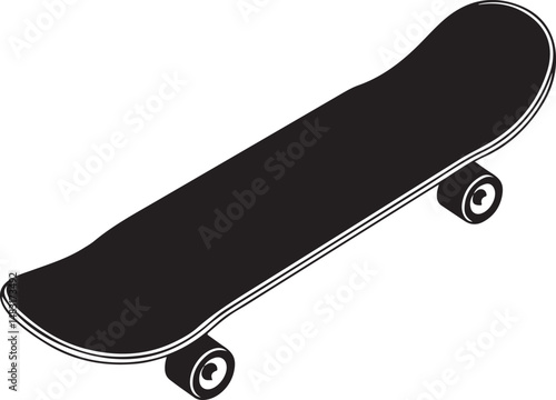 Black silhouette of a skateboard with four wheels, representing sport, adventure, and youth in minimalist vector style
