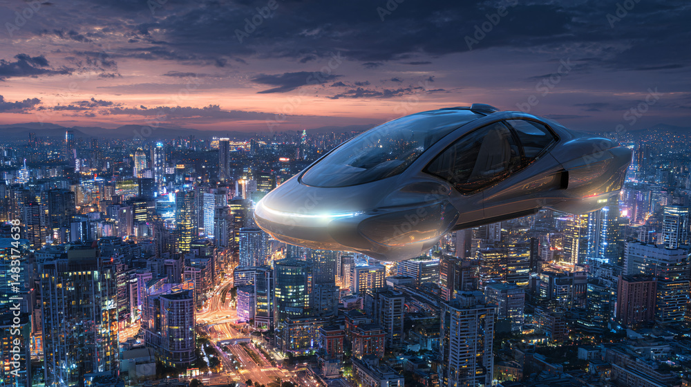 Transparent Futuristic Flying Car Hovering Over Illuminated City at Dusk Transparent Futuristic Flying Car Hovering Over Illuminated City at Dusk