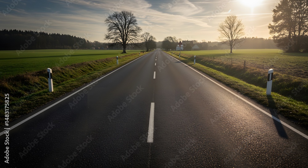 Fototapeta premium Driving on a Country Road at Sunset with Trees and Open Fields