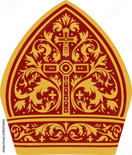 Ornate Gold and Red Bishop Mitre with Cross Symbol – Catholic Clergy Hat Vector Illustration