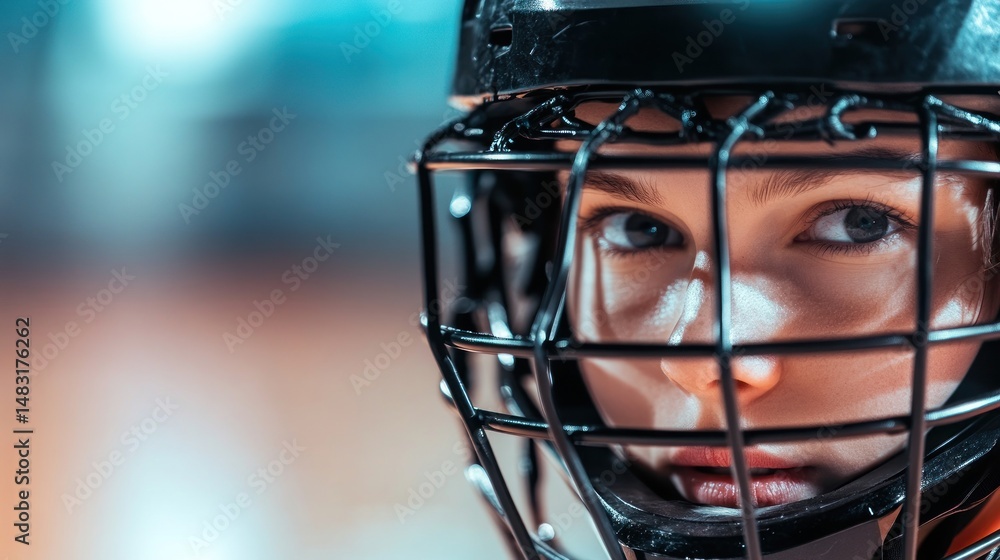 Close-up Portrait of a Determined Female Hockey Player Wearing a Protective Helmet Close-up Portrait of a Determined Female Hockey Player Wearing a Protective Helmet