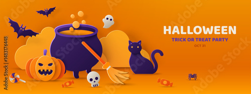 Happy Halloween orange banner, party invitation background with clouds, bats and pumpkin in paper cut style. Vector illustration. Witch cauldron and black cat, witchcraft poster. Place for text