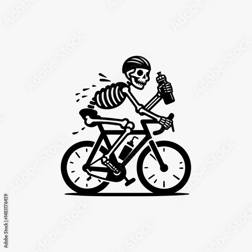 Dynamic skeleton figure energetically pedaling a bicycle with detailed mechanics vector logo. Sport concept