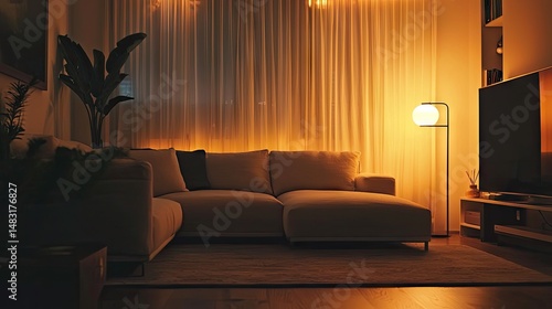 Warmly lit living room interior design.