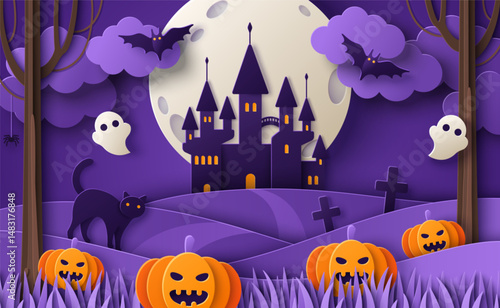 Spooky Halloween Landscape, Haunted House Paper cut poster. Vector illustration. Full Moon, Bats, Dark Forest. Place for text. Banner party invitation background, night clouds, castle, pumpkins
