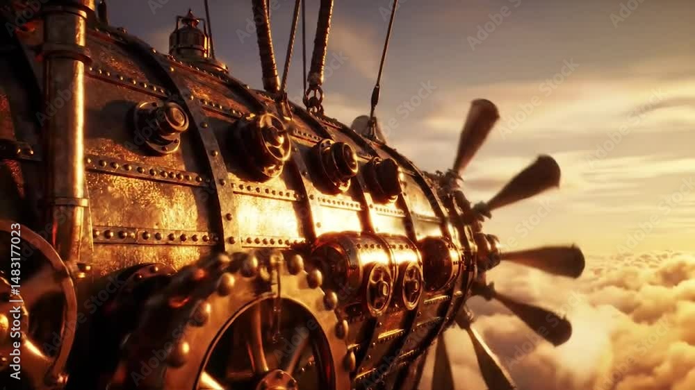 Steampunk airship adventure with brass gears at sunset. Vintage futuristic dirigible with mechanical details flying. Retro-futuristic flying machine with intricate clockwork design.