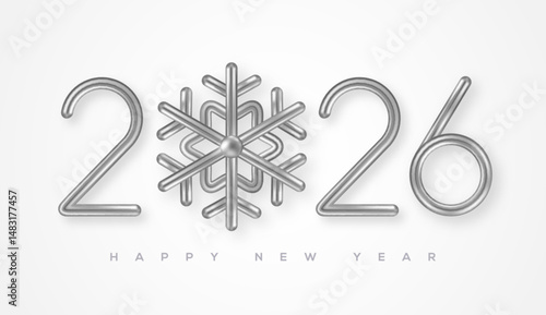 2026 silver numbers with snowflake isolated on white background. Vector illustration. Minimal logo invitation design for Merry Christmas, Happy New Year. Winter holiday poster brochure template